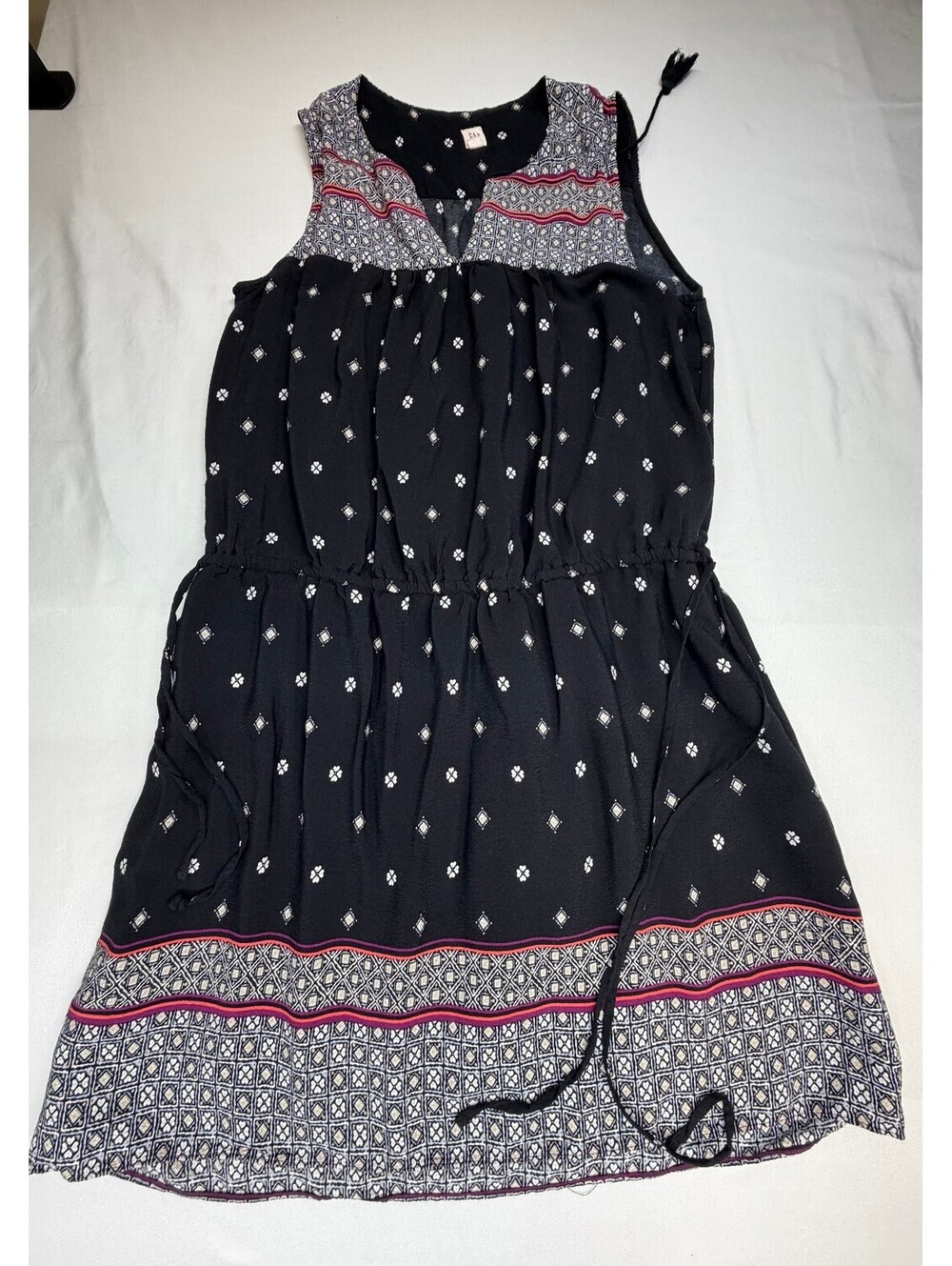 Gap Women's Fit & Flare Dress Sleeveless Tie Waist Patterned Size Large Black